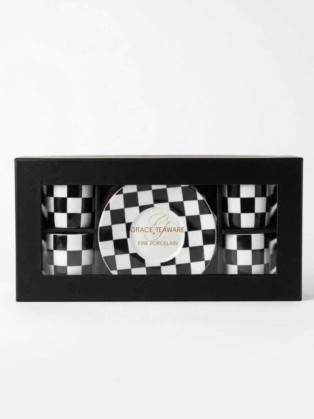 Black & White Checked Espresso Cup and Saucer Set Fine China 8 Piece Set